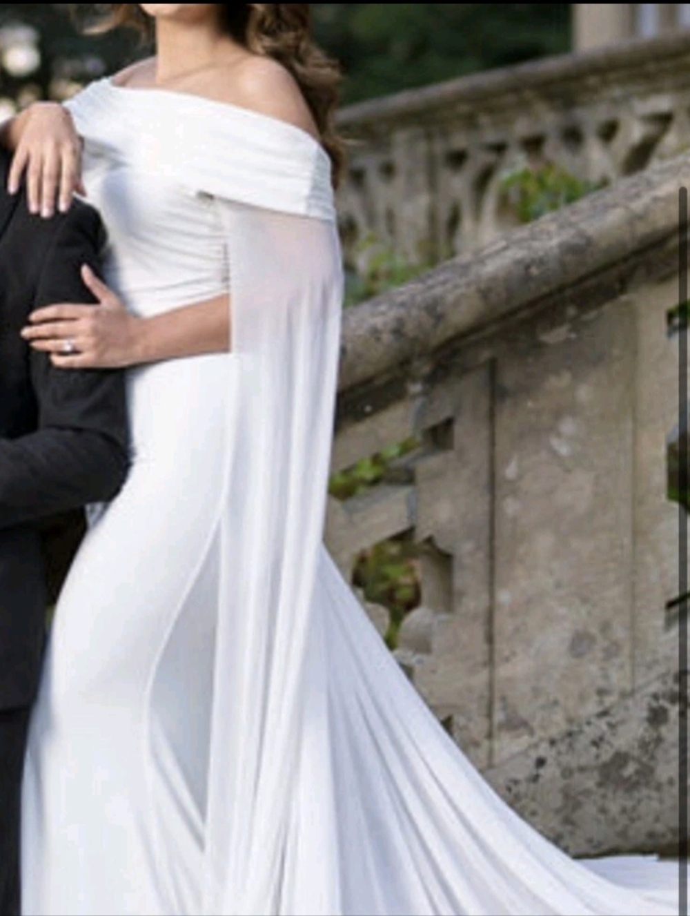 Club L London White Bardot Maxi Dress with Chiffon Cape